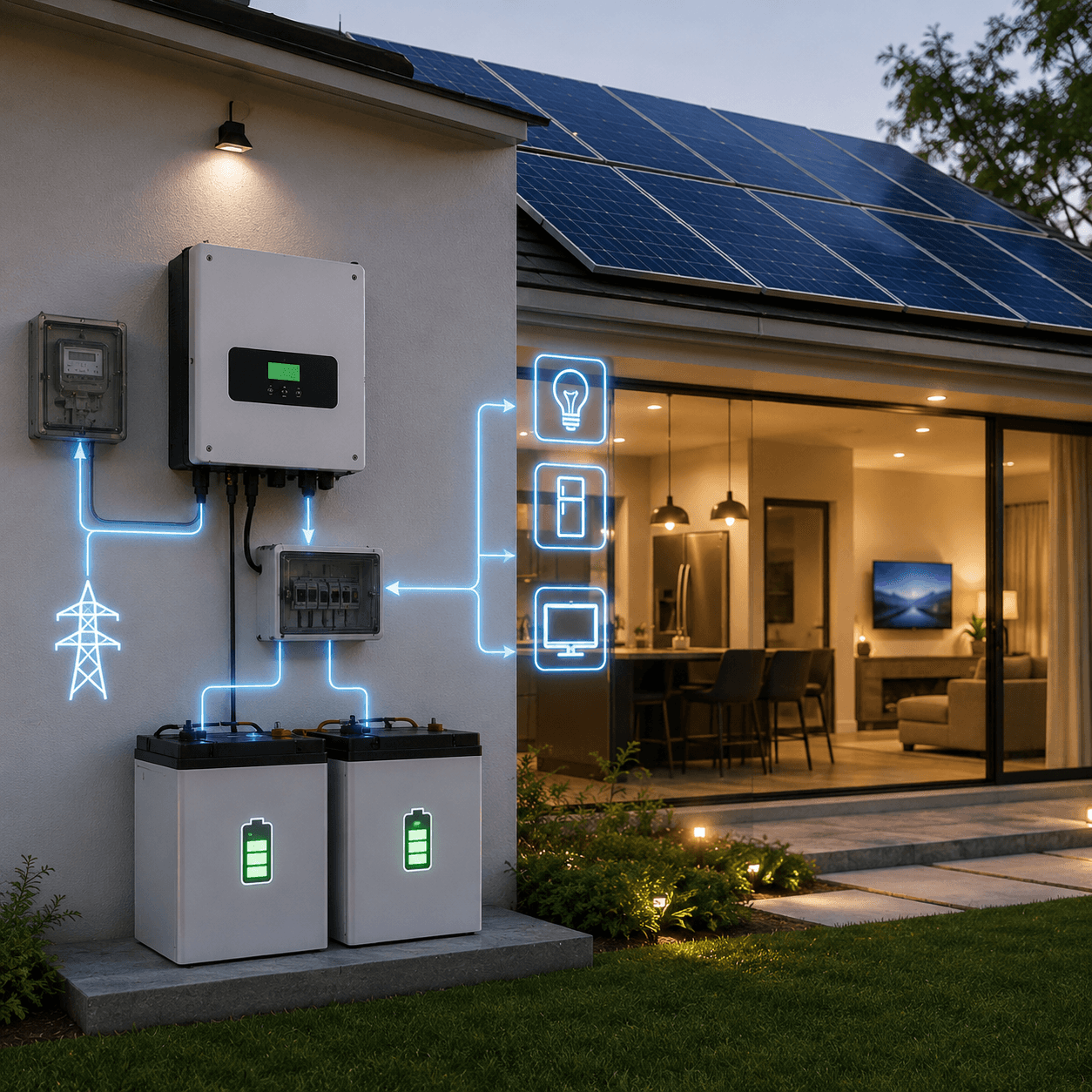 Hybrid solar installation with inverter and batteries